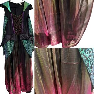 Emerald Green Satin & Colorful Fantasy Costume Dress with Iridescent Details